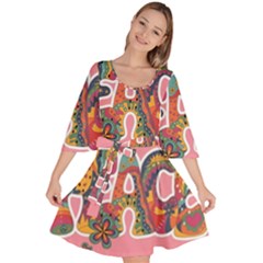 Flower Power Hippie Boho Love Peace Text Pink Pop Art Spirit Velour Kimono Dress by Grandong