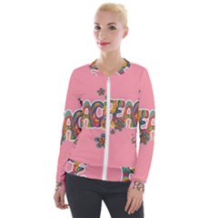 Flower Power Hippie Boho Love Peace Text Pink Pop Art Spirit Velvet Zip Up Jacket by Grandong