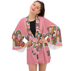 Flower Power Hippie Boho Love Peace Text Pink Pop Art Spirit Long Sleeve Kimono by Grandong