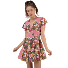 Flower Power Hippie Boho Love Peace Text Pink Pop Art Spirit Flutter Sleeve Wrap Dress by Grandong