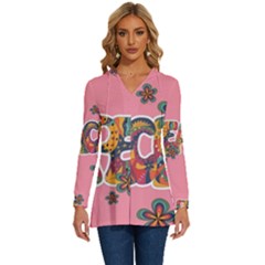 Flower Power Hippie Boho Love Peace Text Pink Pop Art Spirit Long Sleeve Drawstring Hooded Top by Grandong