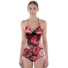 Pink Roses Flowers Love Nature Cut-out One Piece Swimsuit by Grandong