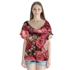 Pink Roses Flowers Love Nature V-neck Flutter Sleeve Top