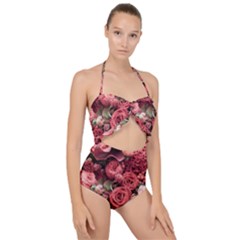 Pink Roses Flowers Love Nature Scallop Top Cut Out Swimsuit by Grandong