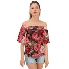 Pink Roses Flowers Love Nature Off Shoulder Short Sleeve Top by Grandong