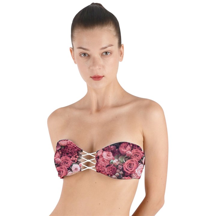 Pink Roses Flowers Love Nature Twist Bandeau Bikini Top