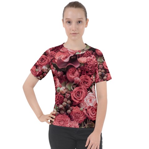 Pink Roses Flowers Love Nature Women s Sport Raglan T-shirt by Grandong