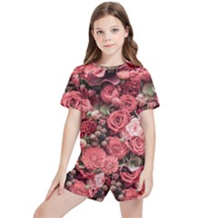 Pink Roses Flowers Love Nature Kids  T-shirt And Sports Shorts Set by Grandong