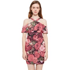 Pink Roses Flowers Love Nature Shoulder Frill Bodycon Summer Dress by Grandong