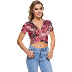 Pink Roses Flowers Love Nature Short Sleeve Foldover T-shirt by Grandong