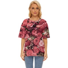 Pink Roses Flowers Love Nature Oversized Basic T-shirt by Grandong