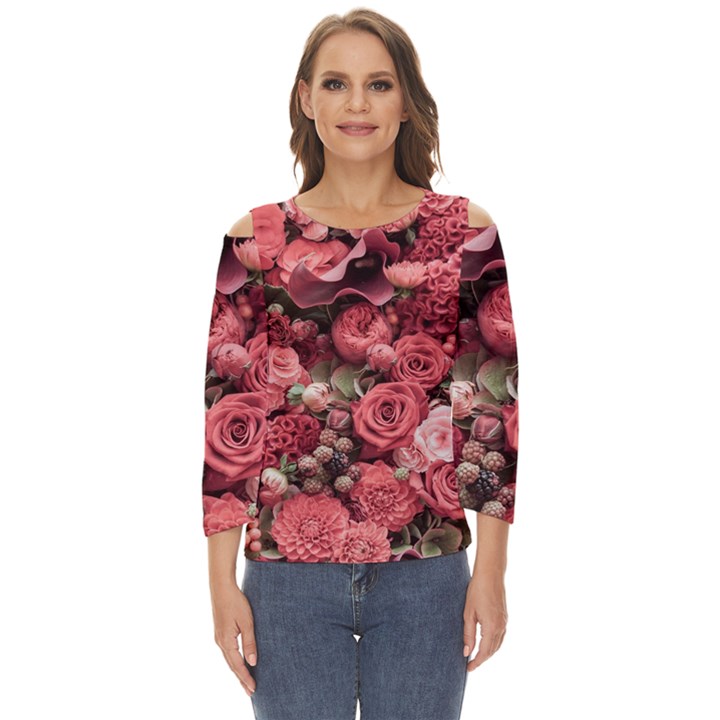 Pink Roses Flowers Love Nature Cut Out Wide Sleeve Top