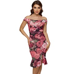 Pink Roses Flowers Love Nature Off Shoulder Ruffle Split Hem Bodycon Dress by Grandong