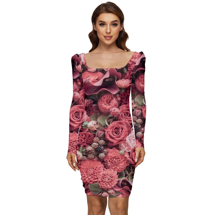 Pink Roses Flowers Love Nature Women Long Sleeve Ruched Stretch Jersey Dress