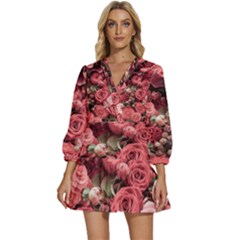 Pink Roses Flowers Love Nature V-neck Placket Mini Dress by Grandong