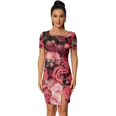 Pink Roses Flowers Love Nature Fitted Knot Split End Bodycon Dress by Grandong