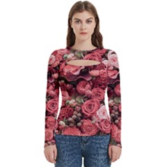 Pink Roses Flowers Love Nature Women s Cut Out Long Sleeve T-shirt by Grandong