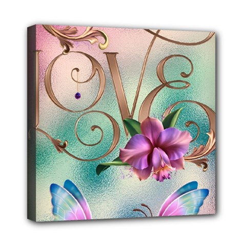 Love Amour Butterfly Colors Flowers Text Mini Canvas 8  X 8  (stretched) by Grandong