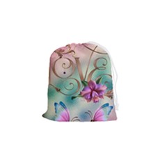 Love Amour Butterfly Colors Flowers Text Drawstring Pouch (small) by Grandong