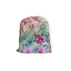 Love Amour Butterfly Colors Flowers Text Drawstring Pouch (medium) by Grandong