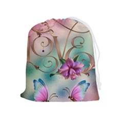 Love Amour Butterfly Colors Flowers Text Drawstring Pouch (xl) by Grandong