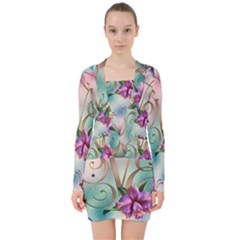 Love Amour Butterfly Colors Flowers Text V-neck Bodycon Long Sleeve Dress by Grandong