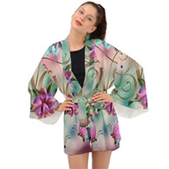 Love Amour Butterfly Colors Flowers Text Long Sleeve Kimono by Grandong