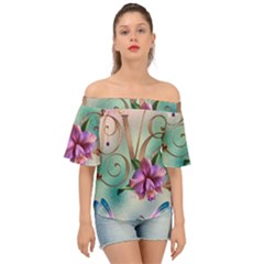 Love Amour Butterfly Colors Flowers Text Off Shoulder Short Sleeve Top by Grandong