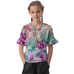 Love Amour Butterfly Colors Flowers Text Kids  V-neck Horn Sleeve Blouse by Grandong