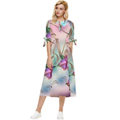 Love Amour Butterfly Colors Flowers Text Bow Sleeve Chiffon Midi Dress by Grandong