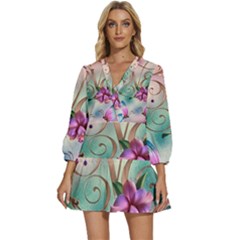 Love Amour Butterfly Colors Flowers Text V-neck Placket Mini Dress by Grandong