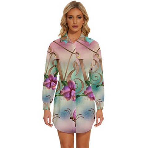 Love Amour Butterfly Colors Flowers Text Womens Long Sleeve Shirt Dress by Grandong