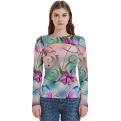 Love Amour Butterfly Colors Flowers Text Women s Cut Out Long Sleeve T-shirt by Grandong