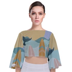 Beach Sea Surfboards Water Sand Drawing  Boho Bohemian Nature Tie Back Butterfly Sleeve Chiffon Top by Grandong