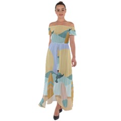 Beach Sea Surfboards Water Sand Drawing  Boho Bohemian Nature Off Shoulder Open Front Chiffon Dress by Grandong