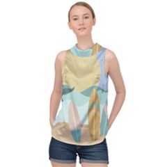 Beach Sea Surfboards Water Sand Drawing  Boho Bohemian Nature High Neck Satin Top by Grandong