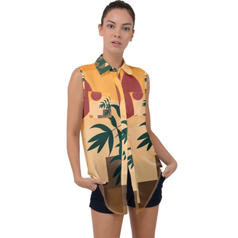 Arch Stairs Sun Branches Leaves Boho Bohemian Botanical Minimalist Nature Sleeveless Chiffon Button Shirt by Grandong