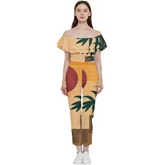 Arch Stairs Sun Branches Leaves Boho Bohemian Botanical Minimalist Nature Bardot Ruffle Jumpsuit by Grandong