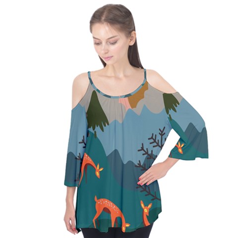 Roe Deer Animal Boho Bohemian Nature Flutter Sleeve T-shirt  by Grandong