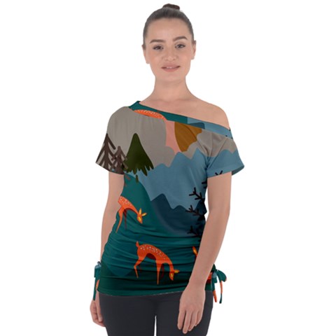 Roe Deer Animal Boho Bohemian Nature Off Shoulder Tie-up T-shirt by Grandong