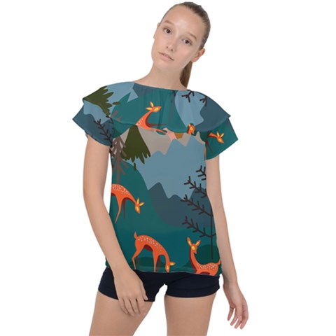 Roe Deer Animal Boho Bohemian Nature Ruffle Collar Chiffon Blouse by Grandong