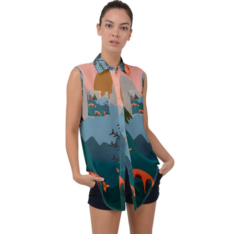 Roe Deer Animal Boho Bohemian Nature Sleeveless Chiffon Button Shirt by Grandong