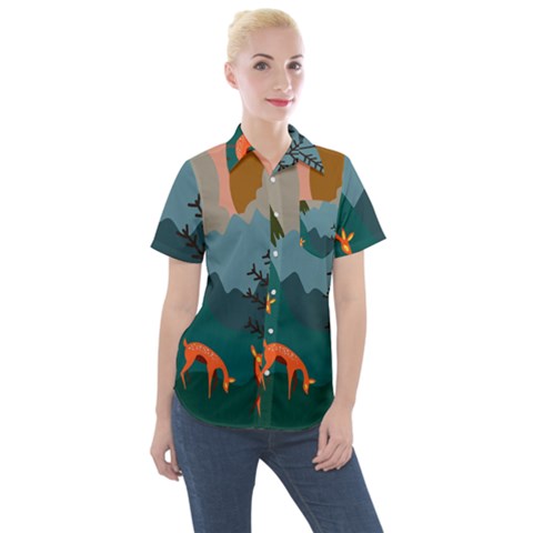 Roe Deer Animal Boho Bohemian Nature Women s Short Sleeve Pocket Shirt by Grandong