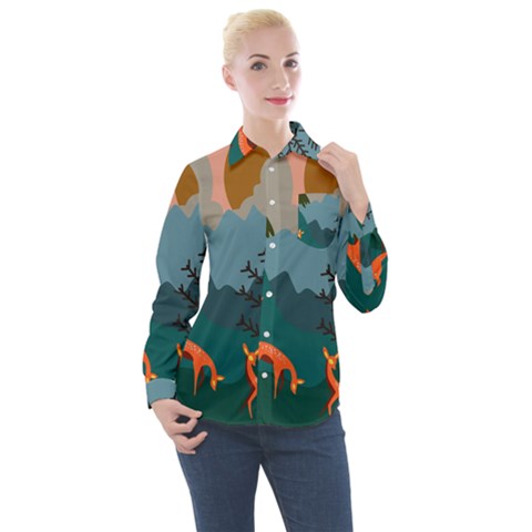 Roe Deer Animal Boho Bohemian Nature Women s Long Sleeve Pocket Shirt by Grandong