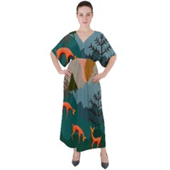 Roe Deer Animal Boho Bohemian Nature V-neck Boho Style Maxi Dress by Grandong