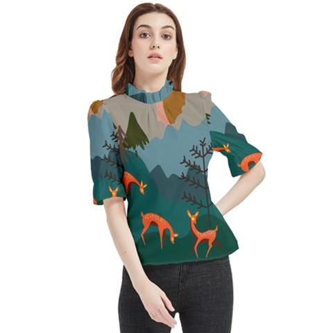 Roe Deer Animal Boho Bohemian Nature Frill Neck Blouse by Grandong