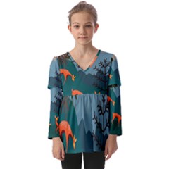 Roe Deer Animal Boho Bohemian Nature Kids  V Neck Casual Top by Grandong