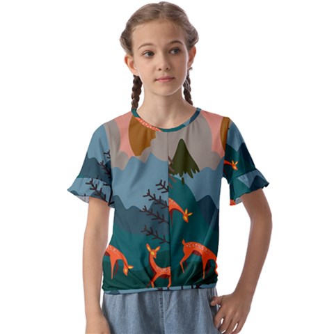 Roe Deer Animal Boho Bohemian Nature Kids  Cuff Sleeve Scrunch Bottom T-shirt by Grandong