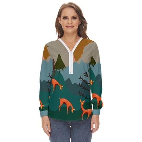 Roe Deer Animal Boho Bohemian Nature Zip Up Long Sleeve Blouse by Grandong