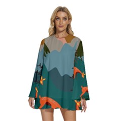 Roe Deer Animal Boho Bohemian Nature Round Neck Long Sleeve Bohemian Style Chiffon Mini Dress by Grandong